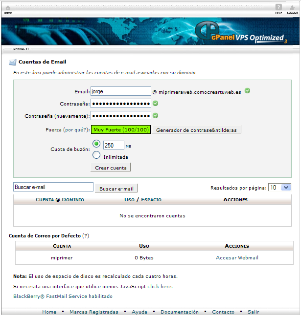 nuevas cuentas de correo desde cpanel