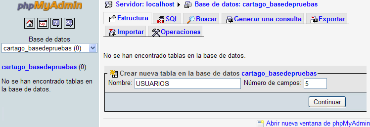 crear nueva tabla con phpmyqdmin y mysql