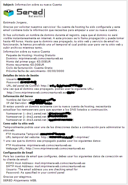 datos de acceso alpanel de control del alojamiento gratuito de Sered y CCTW