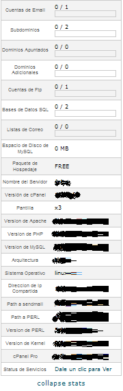 vista ampliada de las propiedades del alojamiento gratuito de CCTW a través del Cpanel