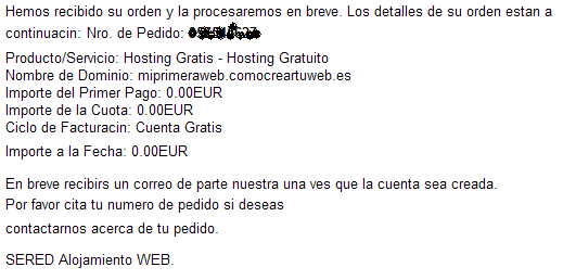 email de confirmación de pedido de hosting gratis